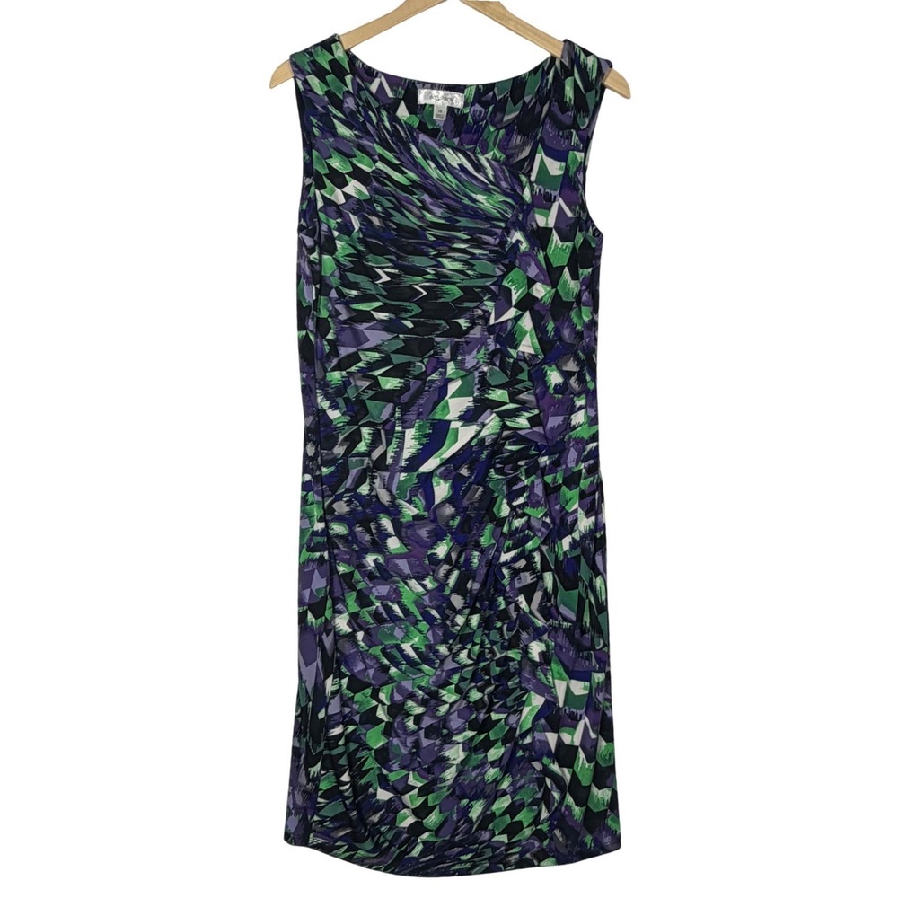 Dressbarn Womens Size 10โ Purple Green Abstract Sheath Dress Career Ruched